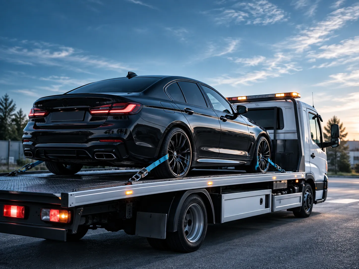 Schwarze Limousine wird auf einem Autotransporter gesichert