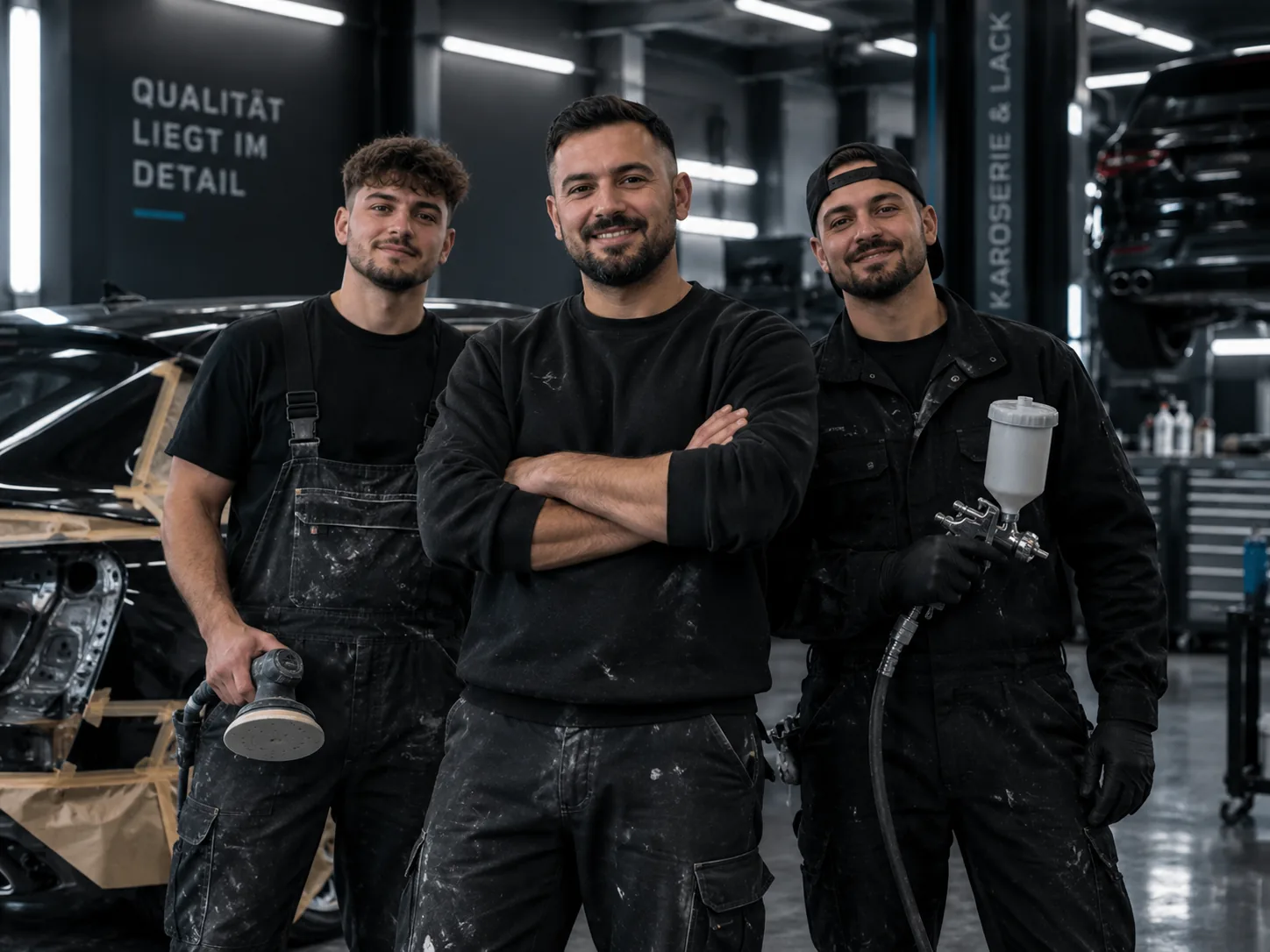Drei Mitarbeiter in Arbeitskleidung in der Werkstatt, mit Poliermaschine und Spritzpistole