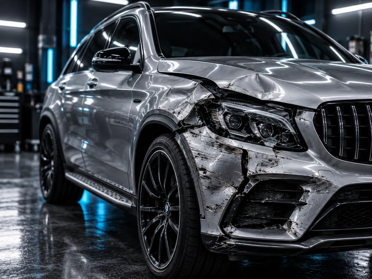 Vorher: beschädigter Kotflügel, Scheinwerfer und Stoßfänger eines SUV